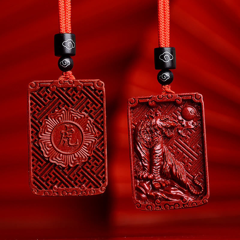 Chinese Zodiac Cinnabar Necklace|Rectangle Pendant Calm Energy