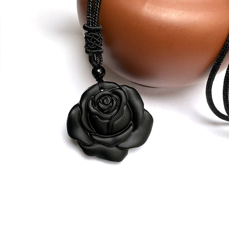Black Obsidian Rose Pendant Necklace for Purification