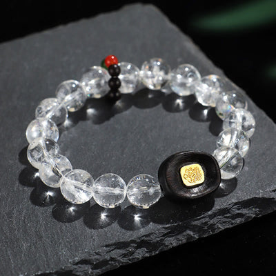Bracelet de guérison en bois d'ébène et quartz clair, cristal blanc de 10 mm