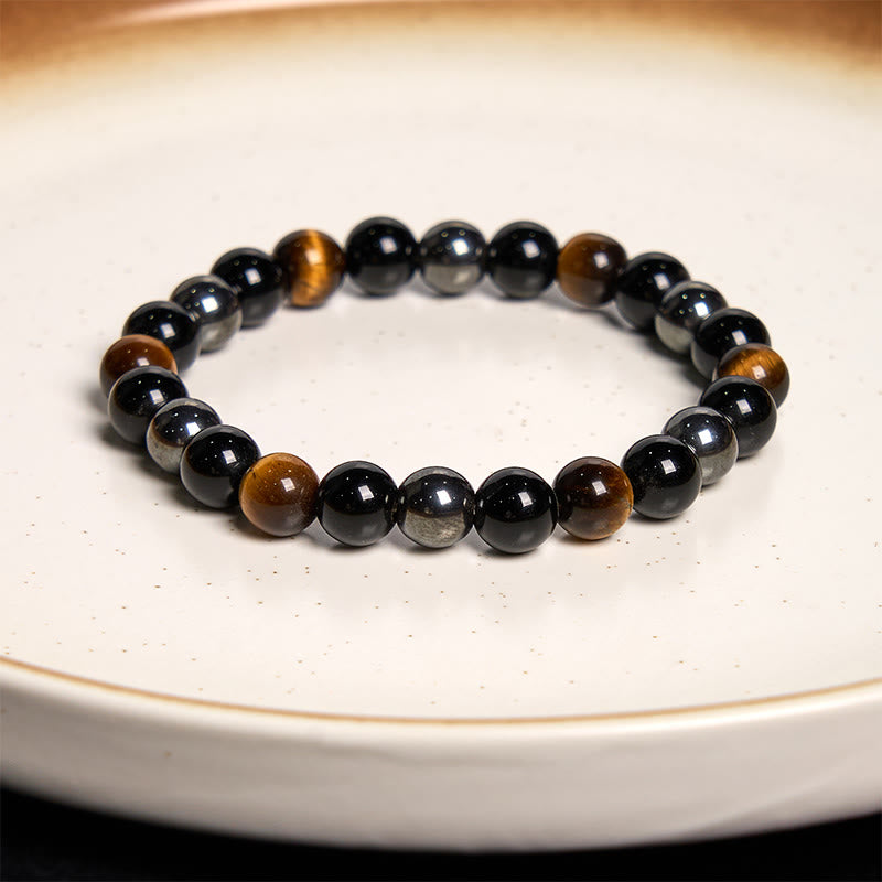 8mm Mens Yellow Tiger Eye Obsidian Hematite Bracelet for Protection
