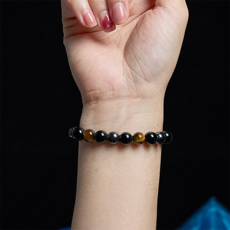 8mm Mens Yellow Tiger Eye Obsidian Hematite Bracelet for Protection