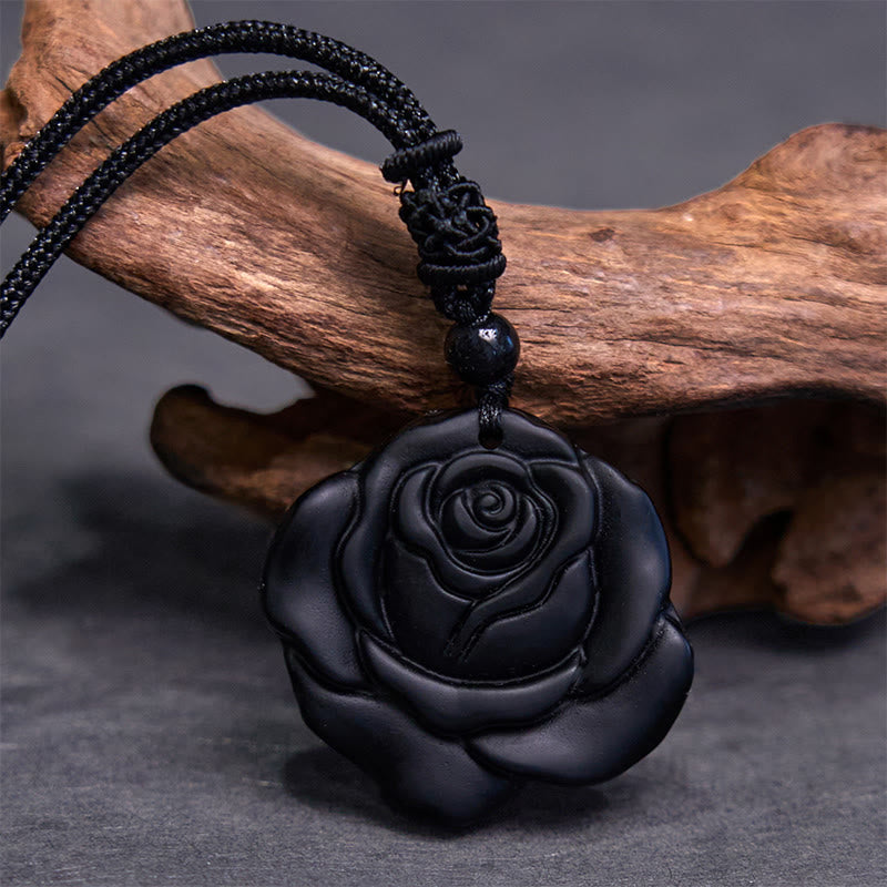 Black Obsidian Rose Pendant Necklace for Purification