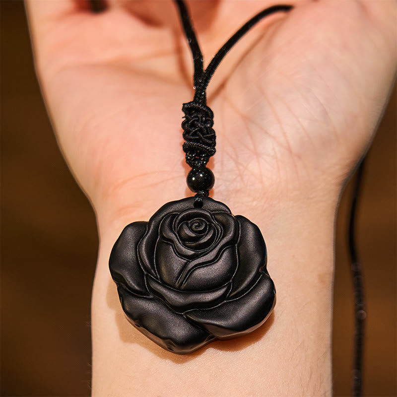 Black Obsidian Rose Pendant Necklace for Purification