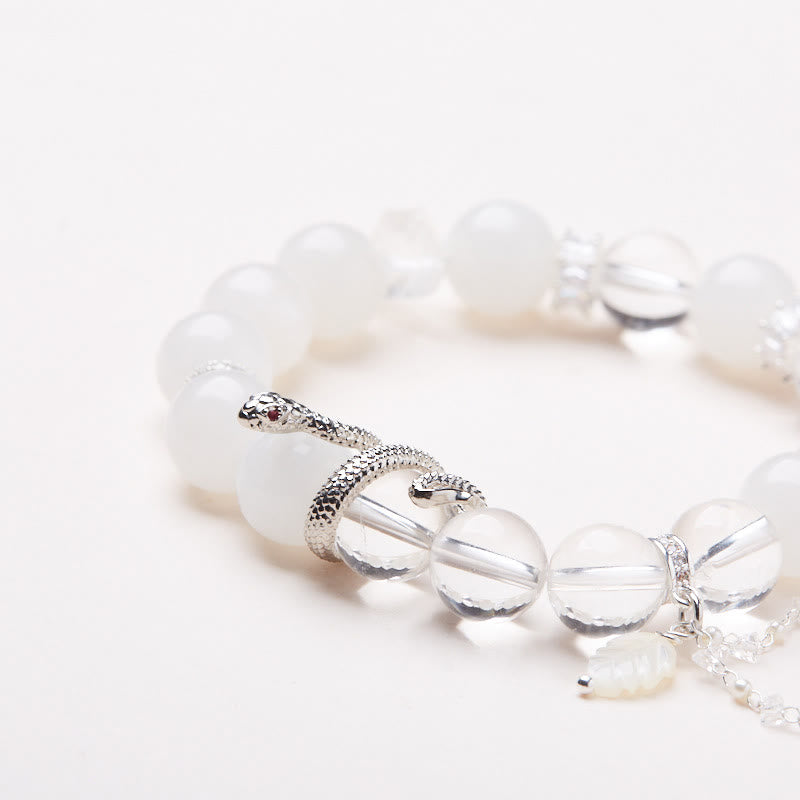 10mm White Jade Crystal Snake Luck Bracelet for Spiritual Growth