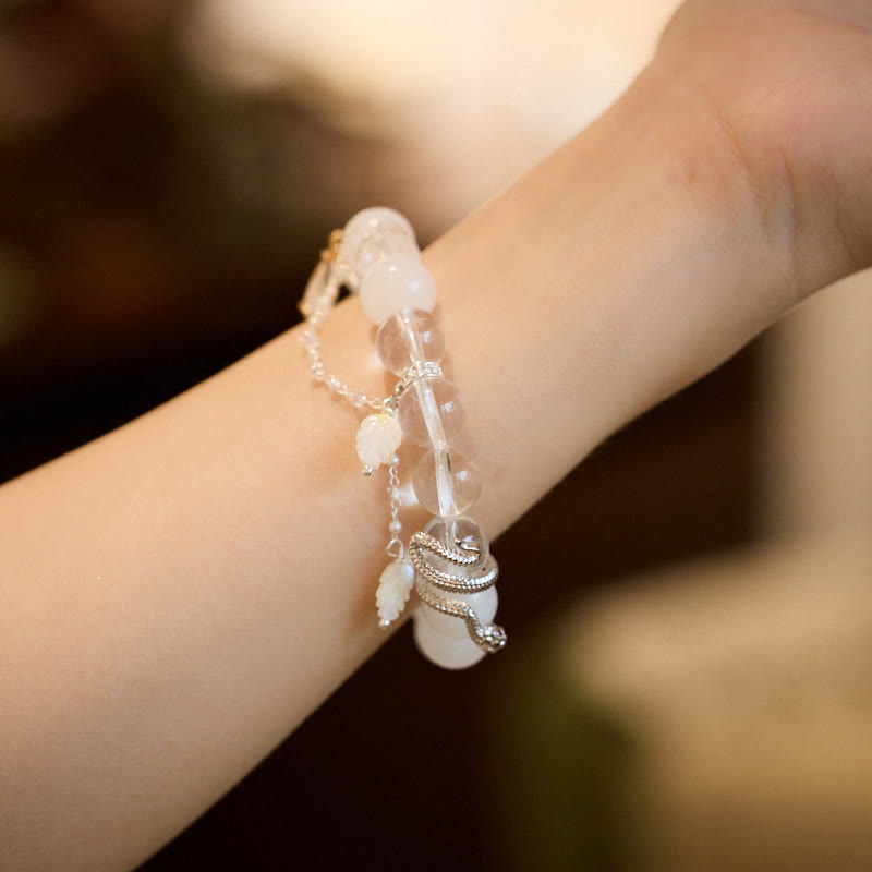 10mm White Jade Crystal Snake Luck Bracelet for Spiritual Growth