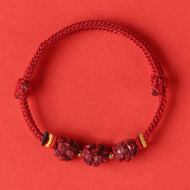 Handmade Cinnabar Chinese Zodiac Bracelet with Dark Red String Blessings