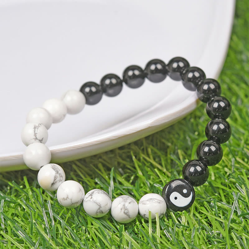 8mm Obsidian White Turquoise Yin Yang Bracelet for Balance