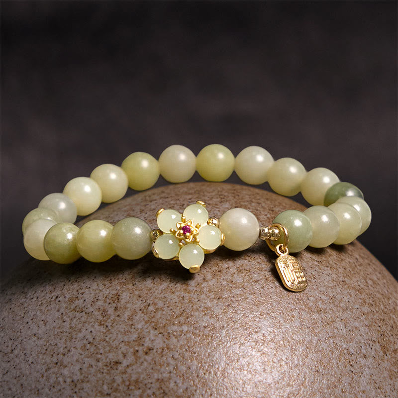 14-16cm Green Jade Flower Fu Character Luck Bracelet