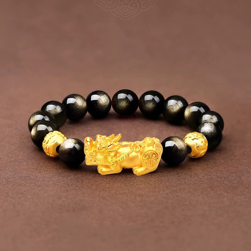 12mm Gold Sheen Obsidian Pixiu Om Mani Padme Hum Wealth Bracelet