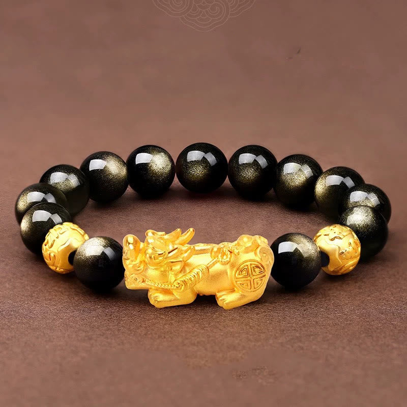 10mm Gold Sheen Obsidian Pixiu Om Mani Padme Hum Wealth Bracelet