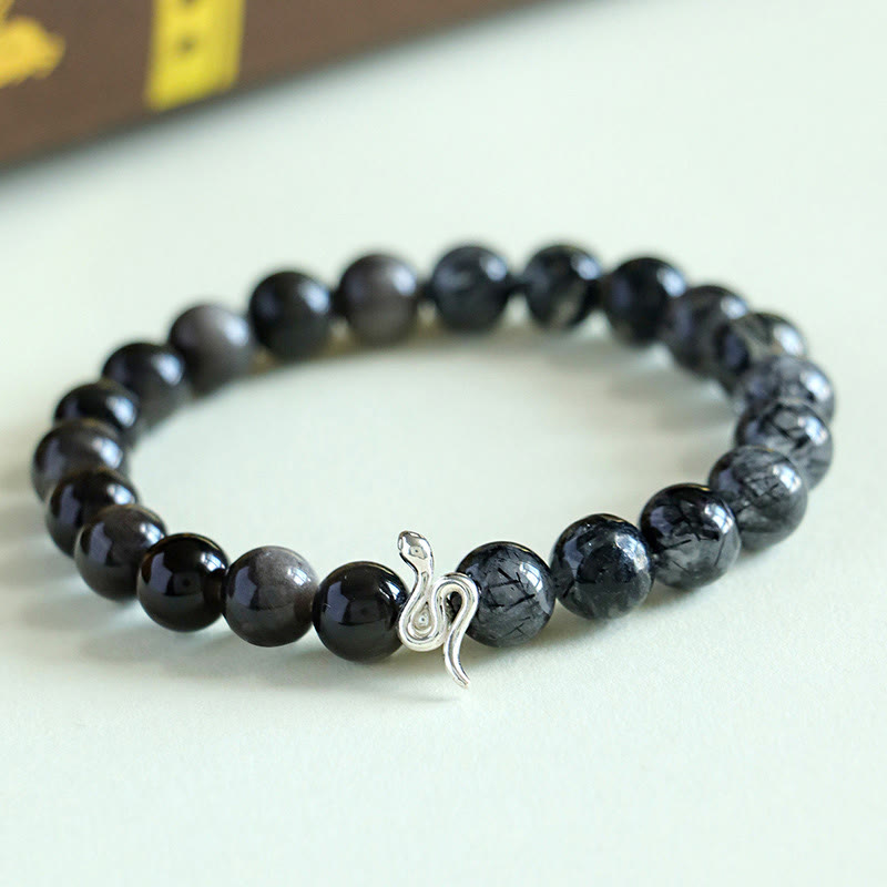 Natural Sun Stone & Super Seven Crystal Snake Bracelet 8mm
