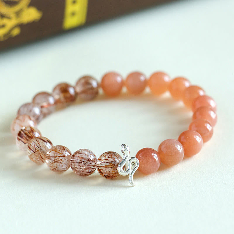 Natural Sun Stone & Super Seven Crystal Snake Bracelet 8mm