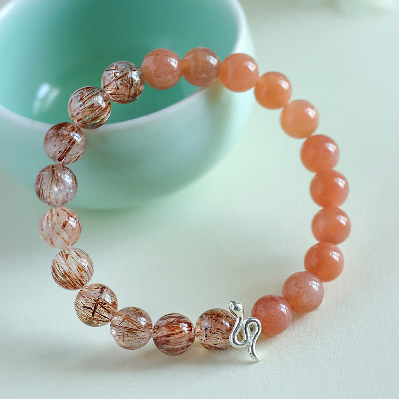 Natural Sun Stone & Super Seven Crystal Snake Bracelet 8mm