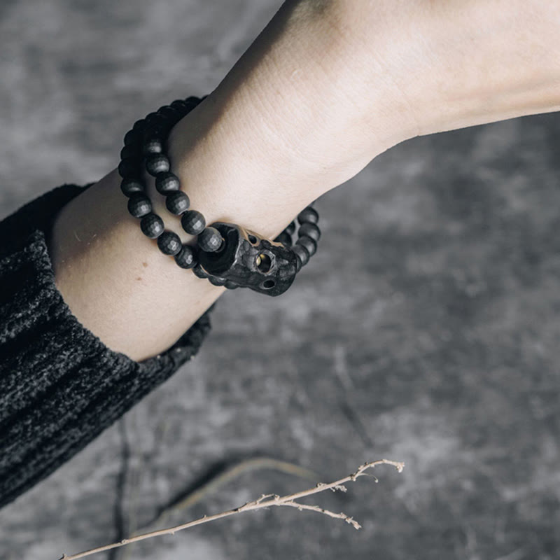 Bracelet de protection double tour en onyx noir et ébène de 6 mm