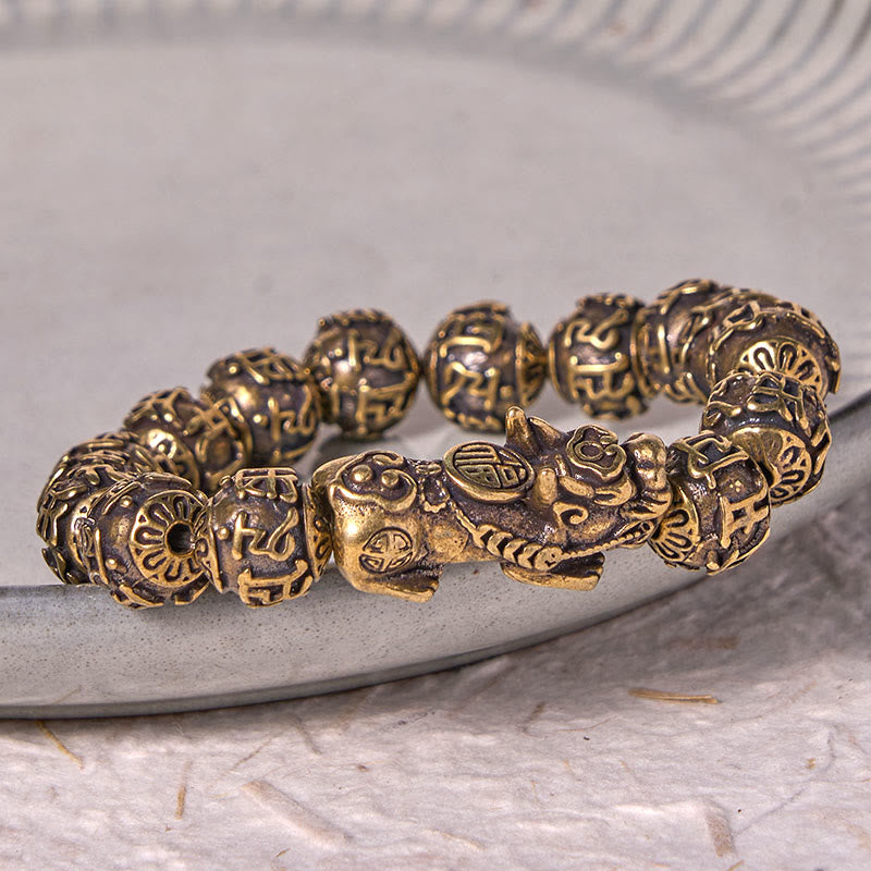 Men's Copper Pixiu Fu Character Bracelet with Om Mani Padme Hum Beads