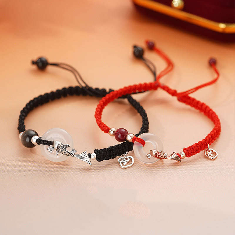 Unisex Chalcedony Koi Fish 925 Silver Peace Buckle Bracelet