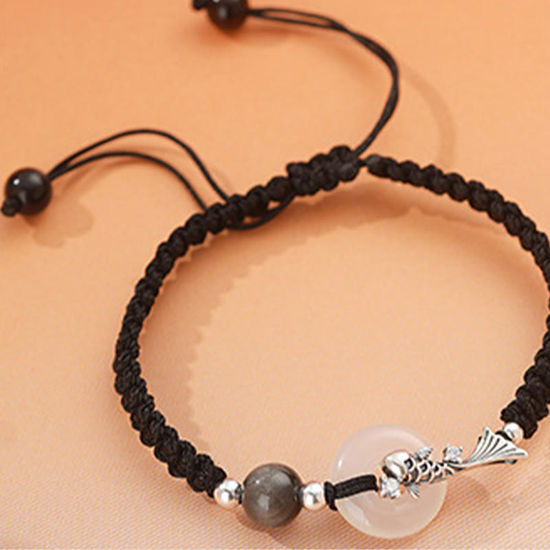 Unisex Chalcedony Koi Fish 925 Silver Peace Buckle Bracelet