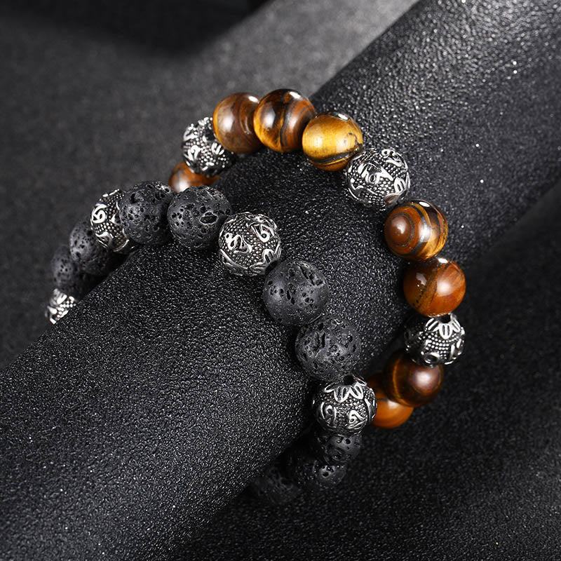 12mm Men's Lava Rock Om Mani Padme Hum Bracelet for Protection
