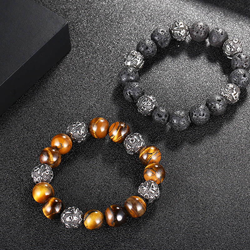 12mm Men's Lava Rock Om Mani Padme Hum Bracelet for Protection