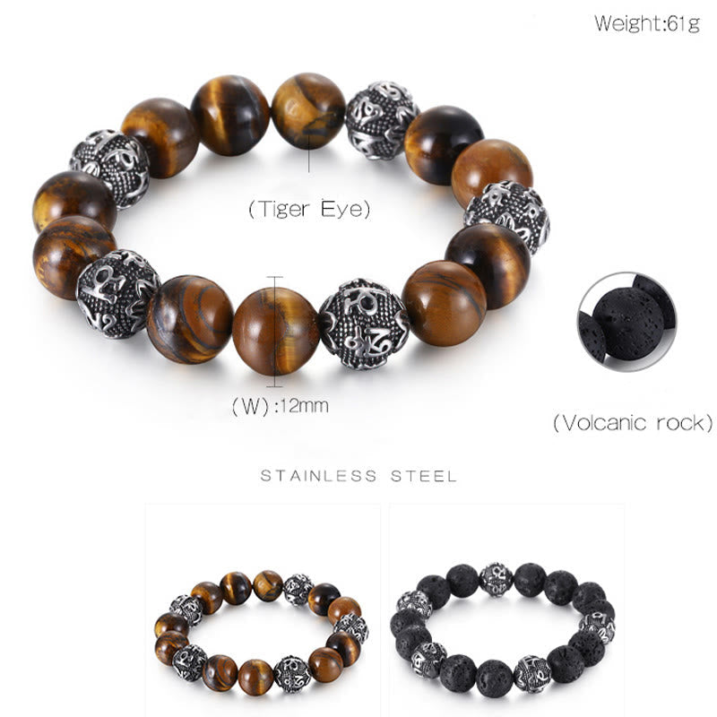 12mm Men's Lava Rock Om Mani Padme Hum Bracelet for Protection