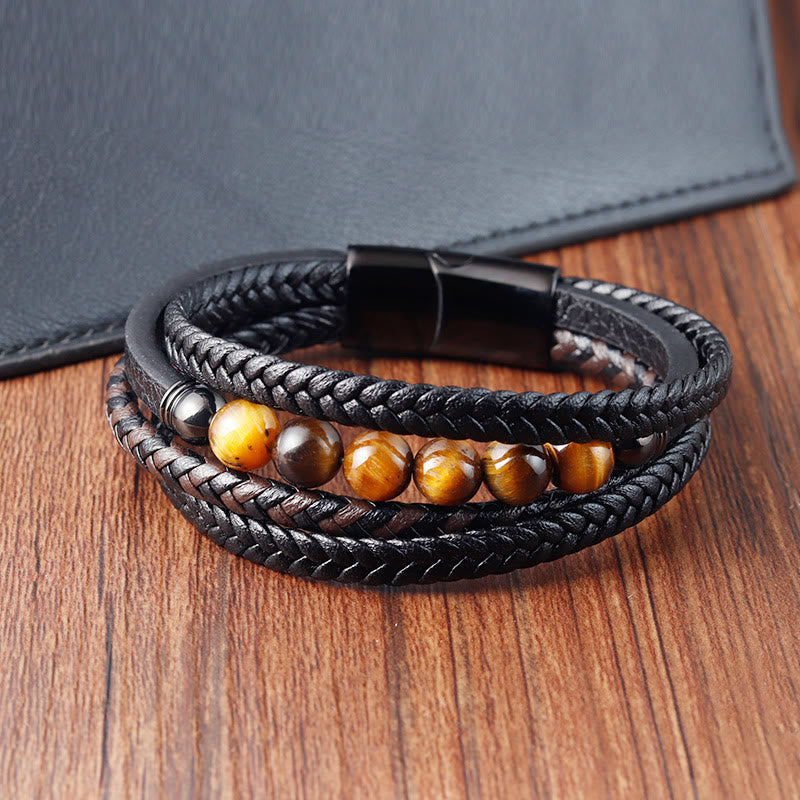 Bracelet de protection en cuir œil de tigre pour homme 18-20 cm