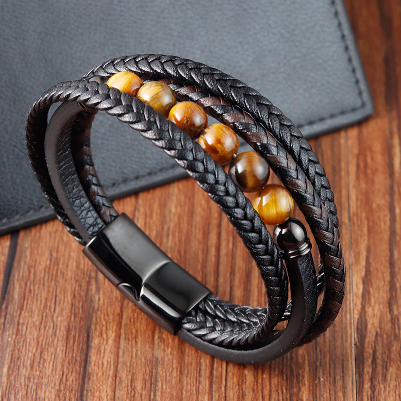 Bracelet de protection en cuir œil de tigre pour homme 18-20 cm