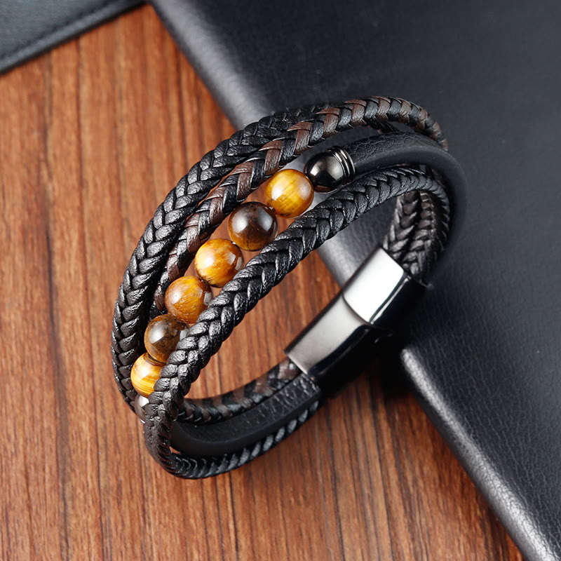 Bracelet de protection en cuir œil de tigre pour homme 18-20 cm