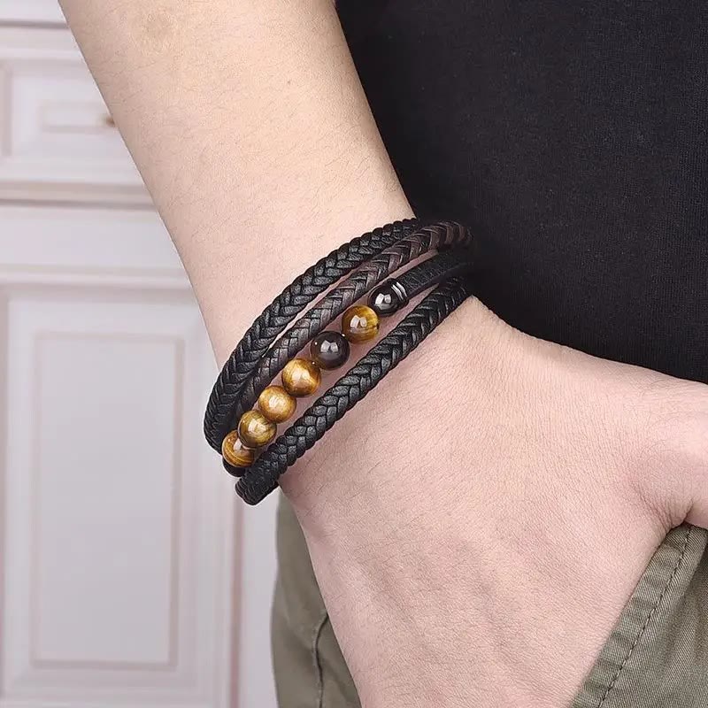 Bracelet de protection en cuir œil de tigre pour homme 18-20 cm