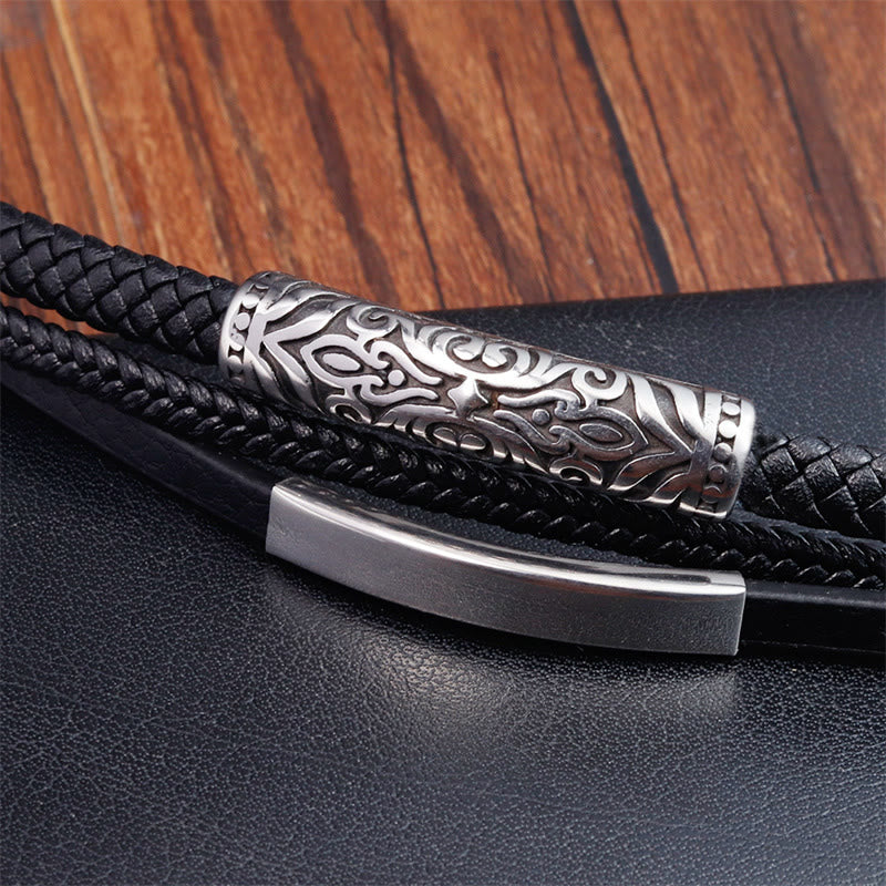 Bracelet double couche en cuir et acier titane à motif floral | Force et équilibre