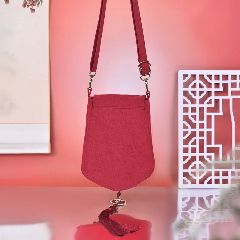Red Magpie Lychee Embroidery Crossbody Bag with Tassel Accents
