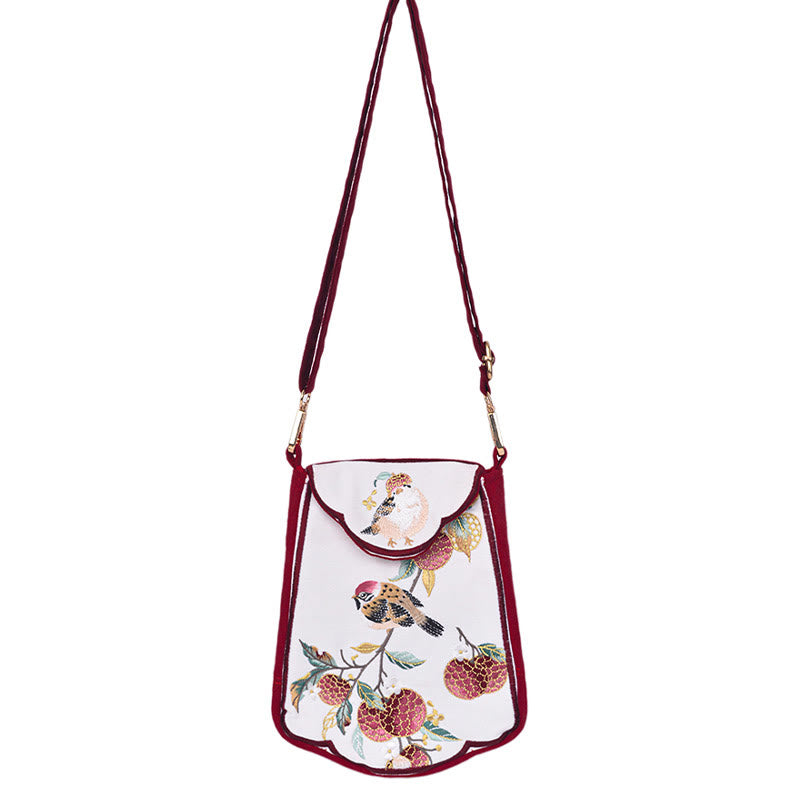 Red Magpie Lychee Embroidery Crossbody Bag with Tassel Accents