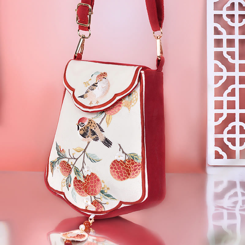 Red Magpie Lychee Embroidery Crossbody Bag with Tassel Accents