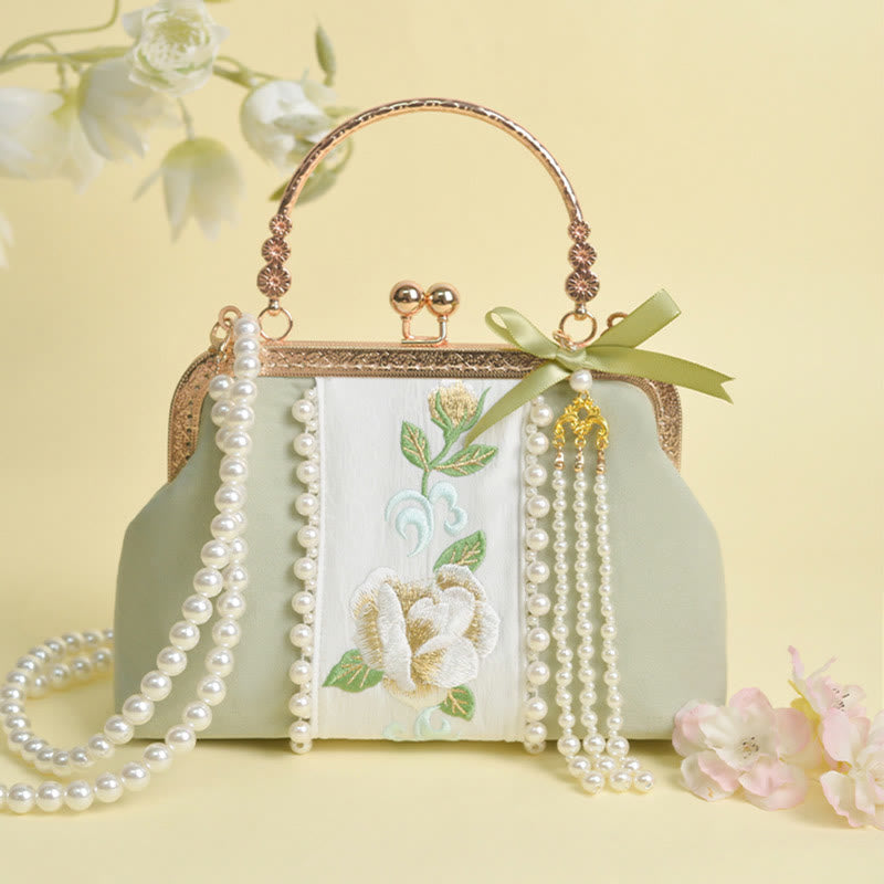 PaleGreen Floral Embroidery Crossbody Bag with Pearl Pendant