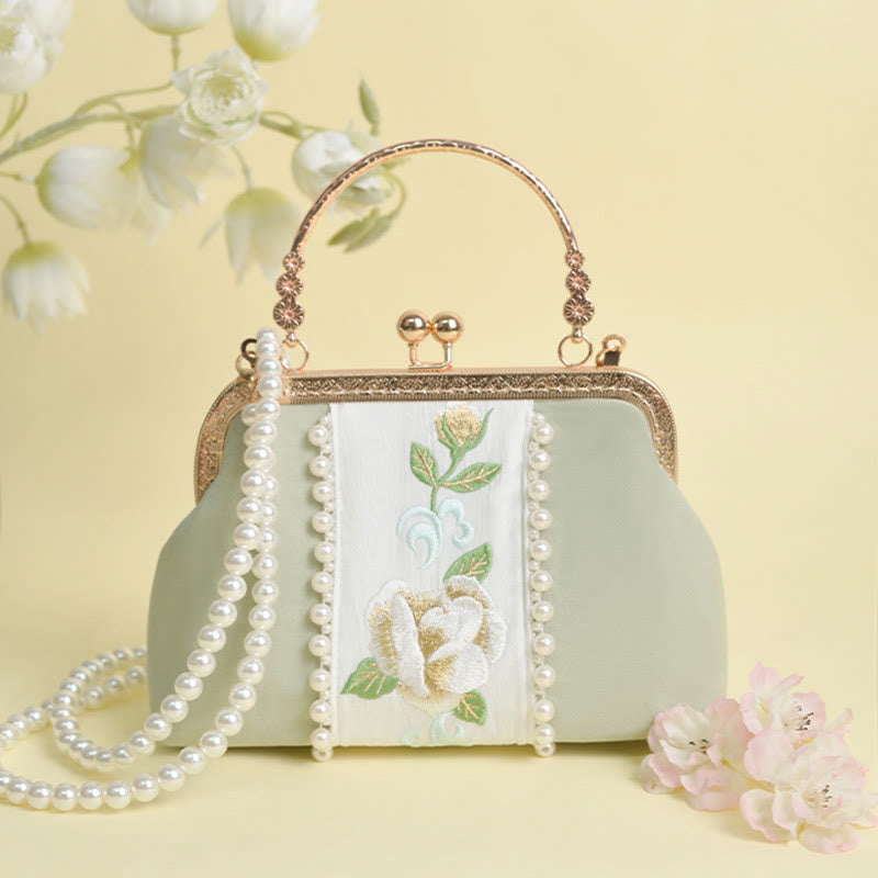 PaleGreen Floral Embroidery Crossbody Bag with Pearl Pendant