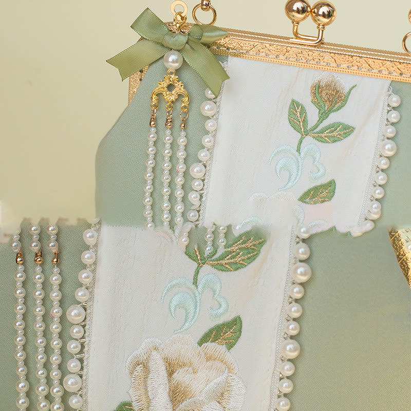 PaleGreen Floral Embroidery Crossbody Bag with Pearl Pendant