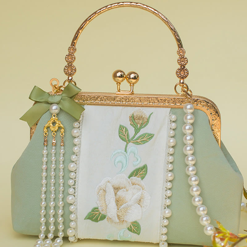 PaleGreen Floral Embroidery Crossbody Bag with Pearl Pendant