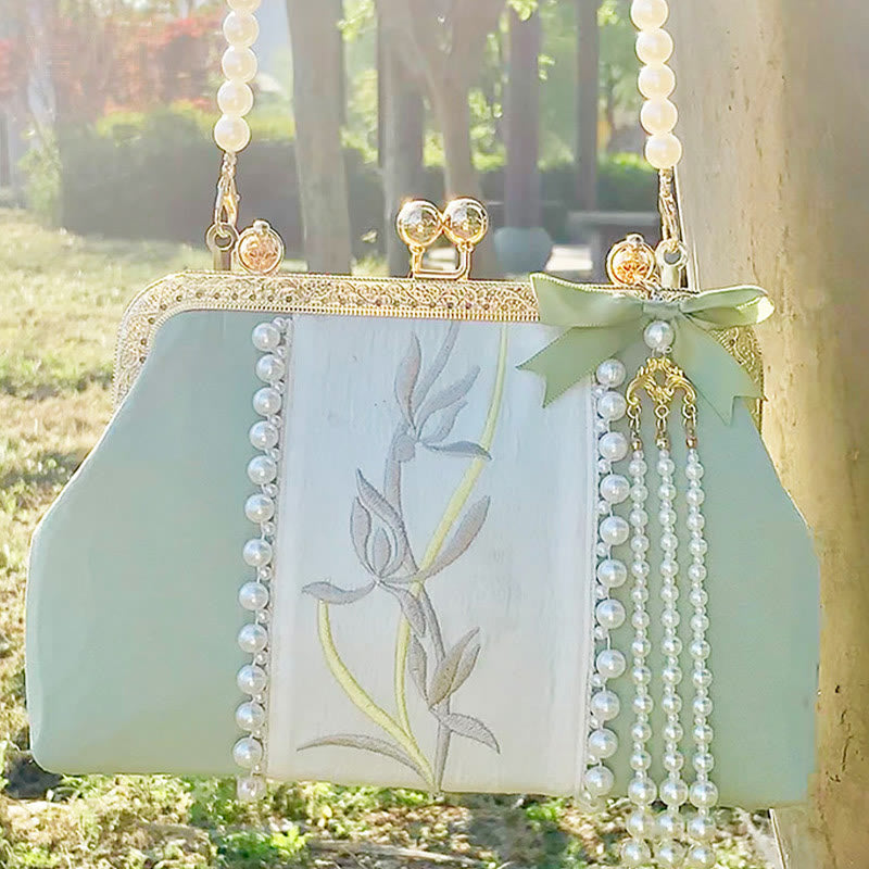PaleGreen Floral Embroidery Crossbody Bag with Pearl Pendant