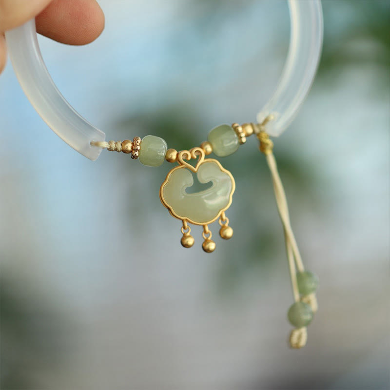 Auspicious Chalcedony Hetian Jade Silver Ruyi Lock Cuff Bracelet