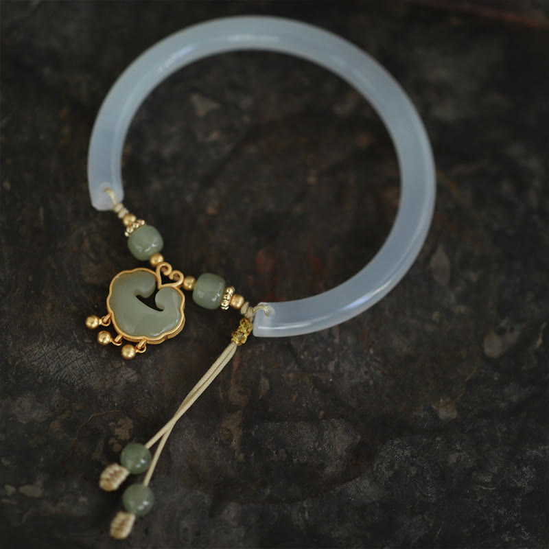 Auspicious Chalcedony Hetian Jade Silver Ruyi Lock Cuff Bracelet