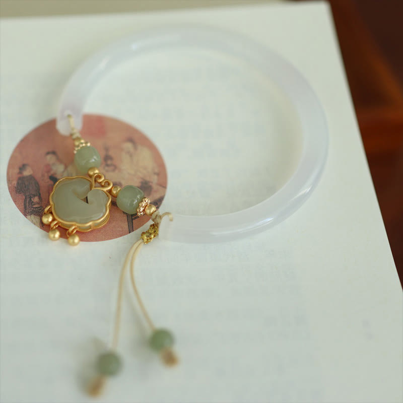 Auspicious Chalcedony Hetian Jade Silver Ruyi Lock Cuff Bracelet