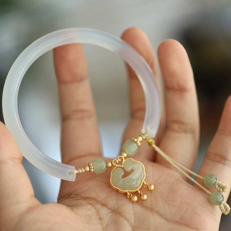 Auspicious Chalcedony Hetian Jade Silver Ruyi Lock Cuff Bracelet