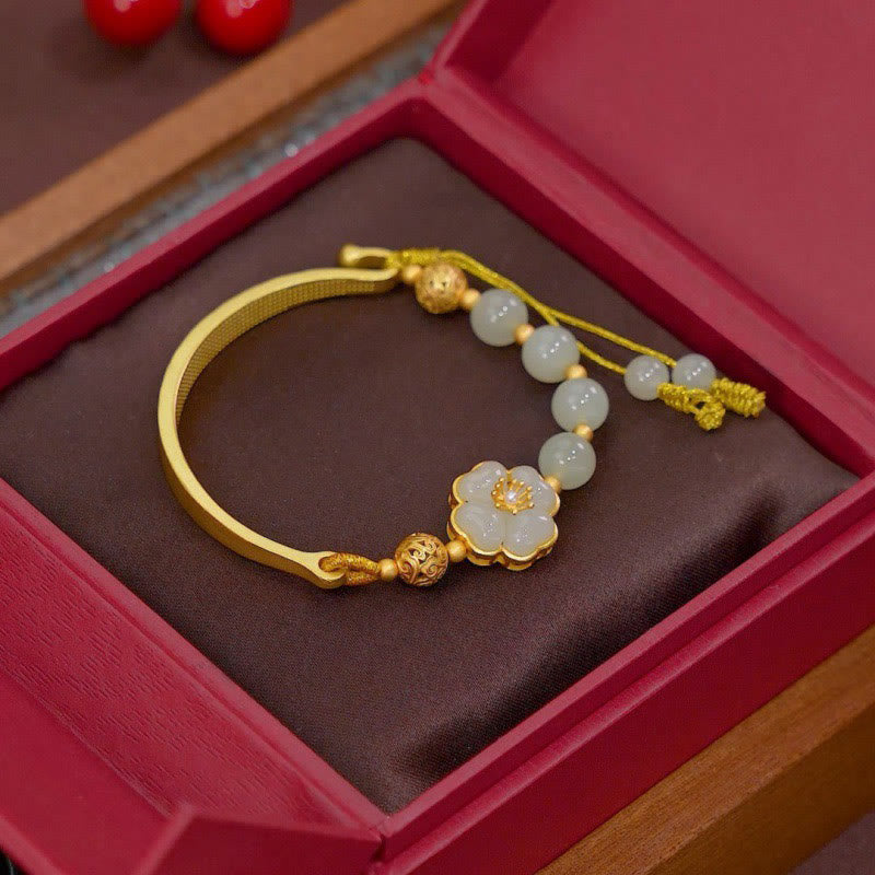 Hetian Jade 925 Sterling Silver Lucky Flower Cuff Bracelet