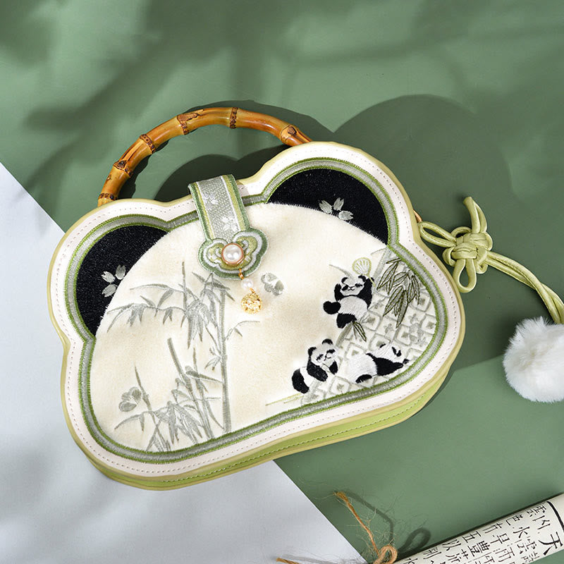 Panda Bamboo Embroidery Pearl Chain Crossbody Bag 19.5cm