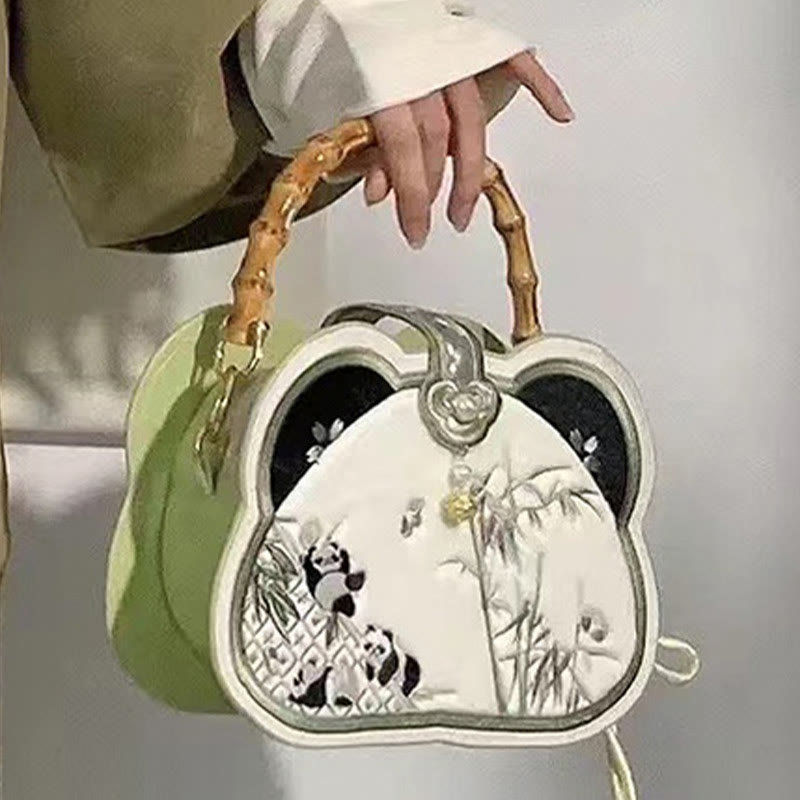 Panda Bamboo Embroidery Pearl Chain Crossbody Bag 19.5cm