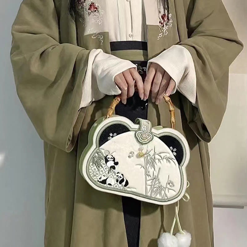 Panda Bamboo Embroidery Pearl Chain Crossbody Bag 19.5cm