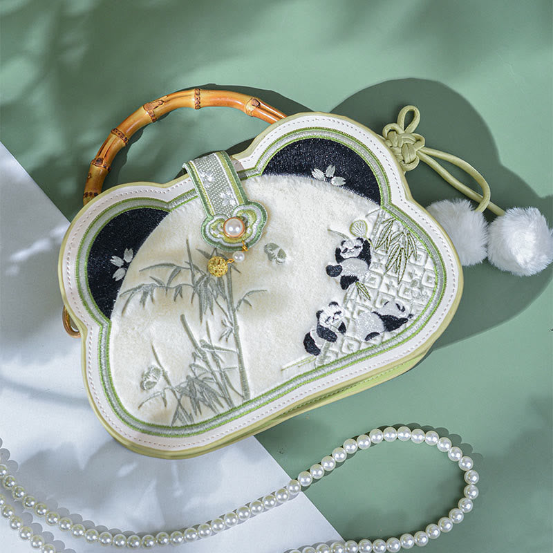 Panda Bamboo Embroidery Pearl Chain Crossbody Bag 19.5cm