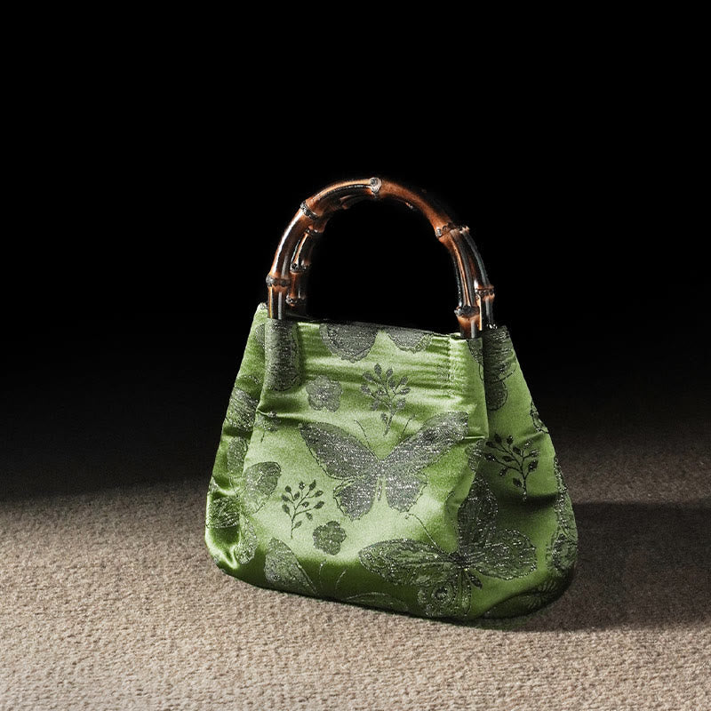 Jacquard Butterfly Flowers Bag with Bamboo Handle | Spiritual Accessory