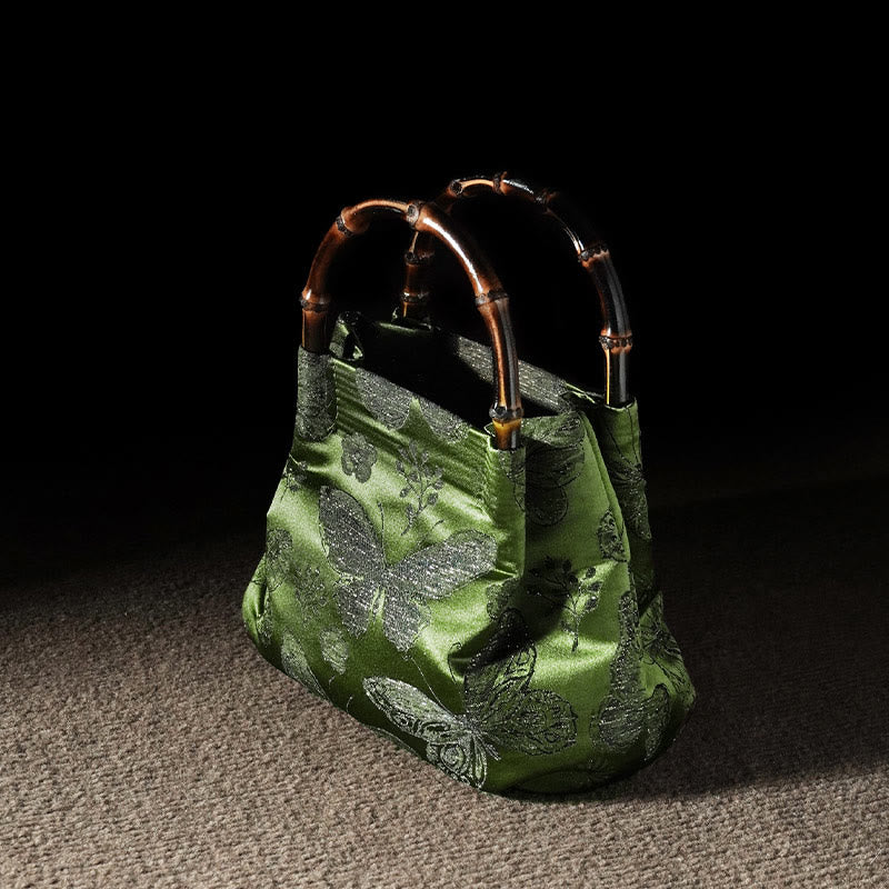 Jacquard Butterfly Flowers Bag with Bamboo Handle | Spiritual Accessory