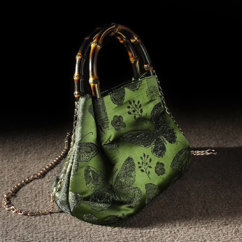 Jacquard Butterfly Flowers Bag with Bamboo Handle | Spiritual Accessory