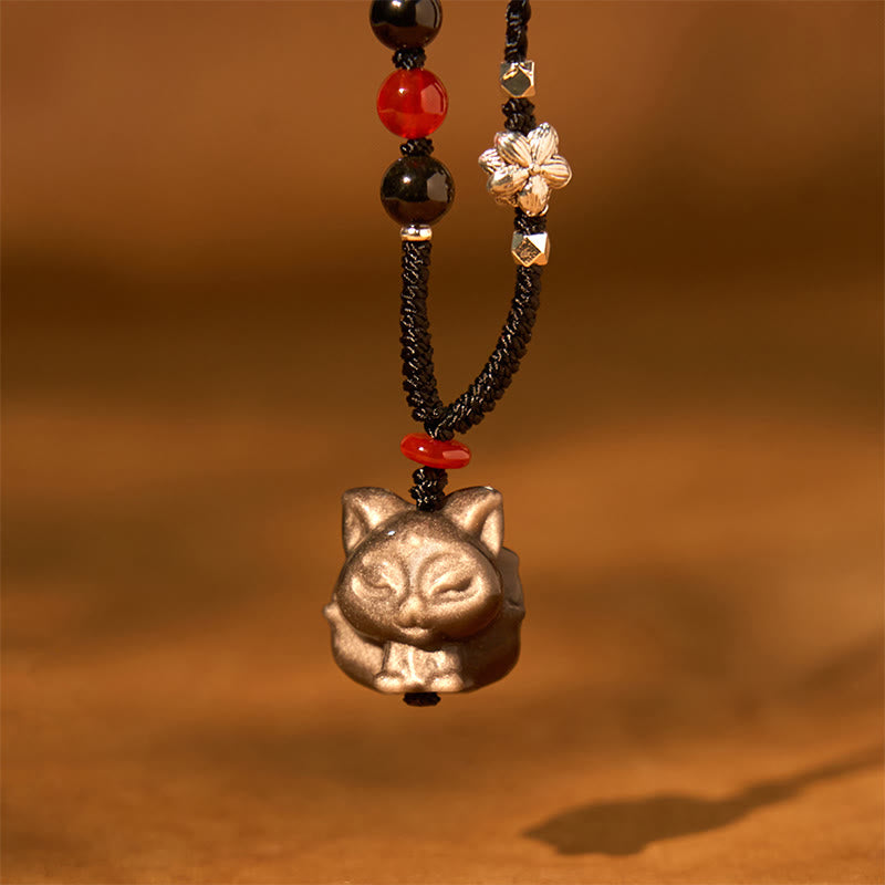 Silver Sheen Obsidian Nine Tailed Fox Protection Necklace